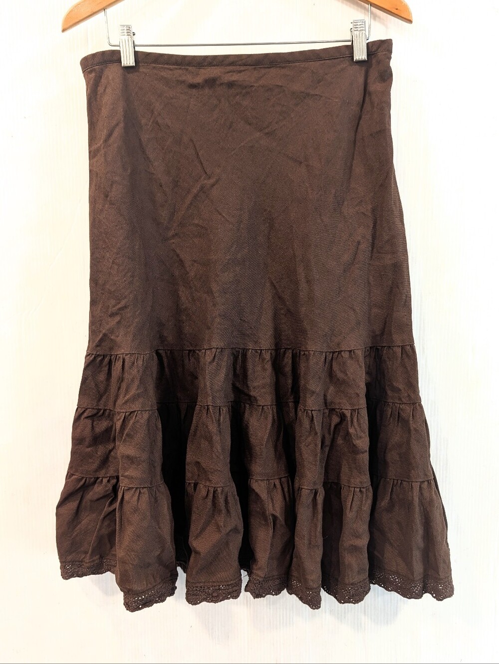ANN TAYLOR 100% Linen Brown Tiered Midi Skirt Size 8